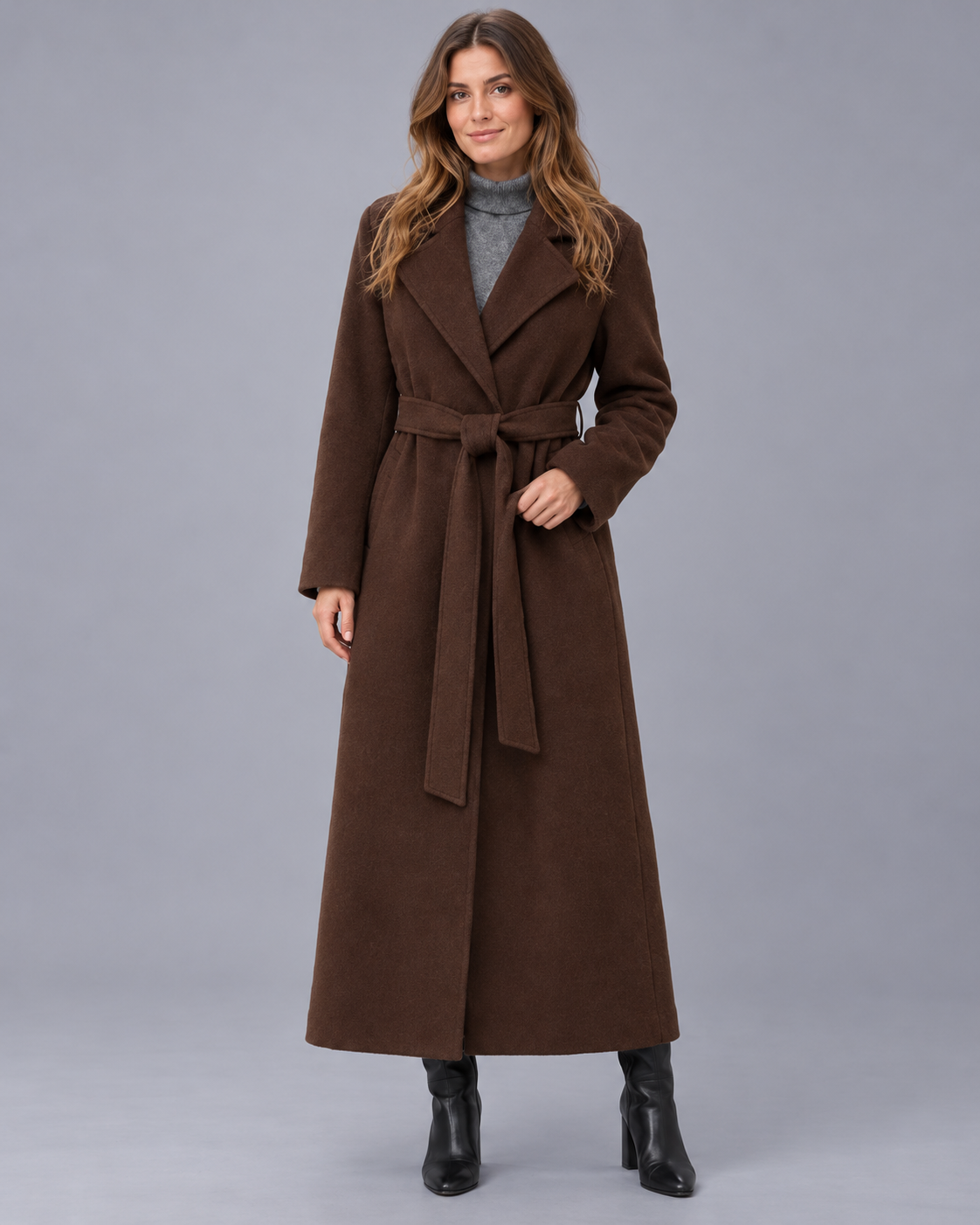 Women's Belted Wrap Coat – Longline Winter Coat, Lapel Collar