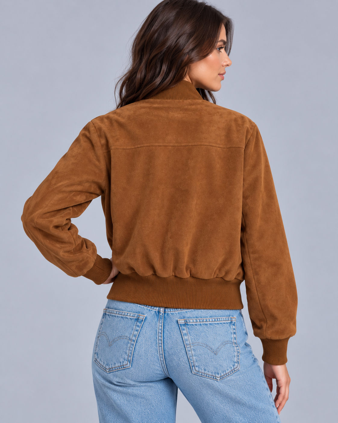 Women's Suede Bomber Jacket with Flap Pockets