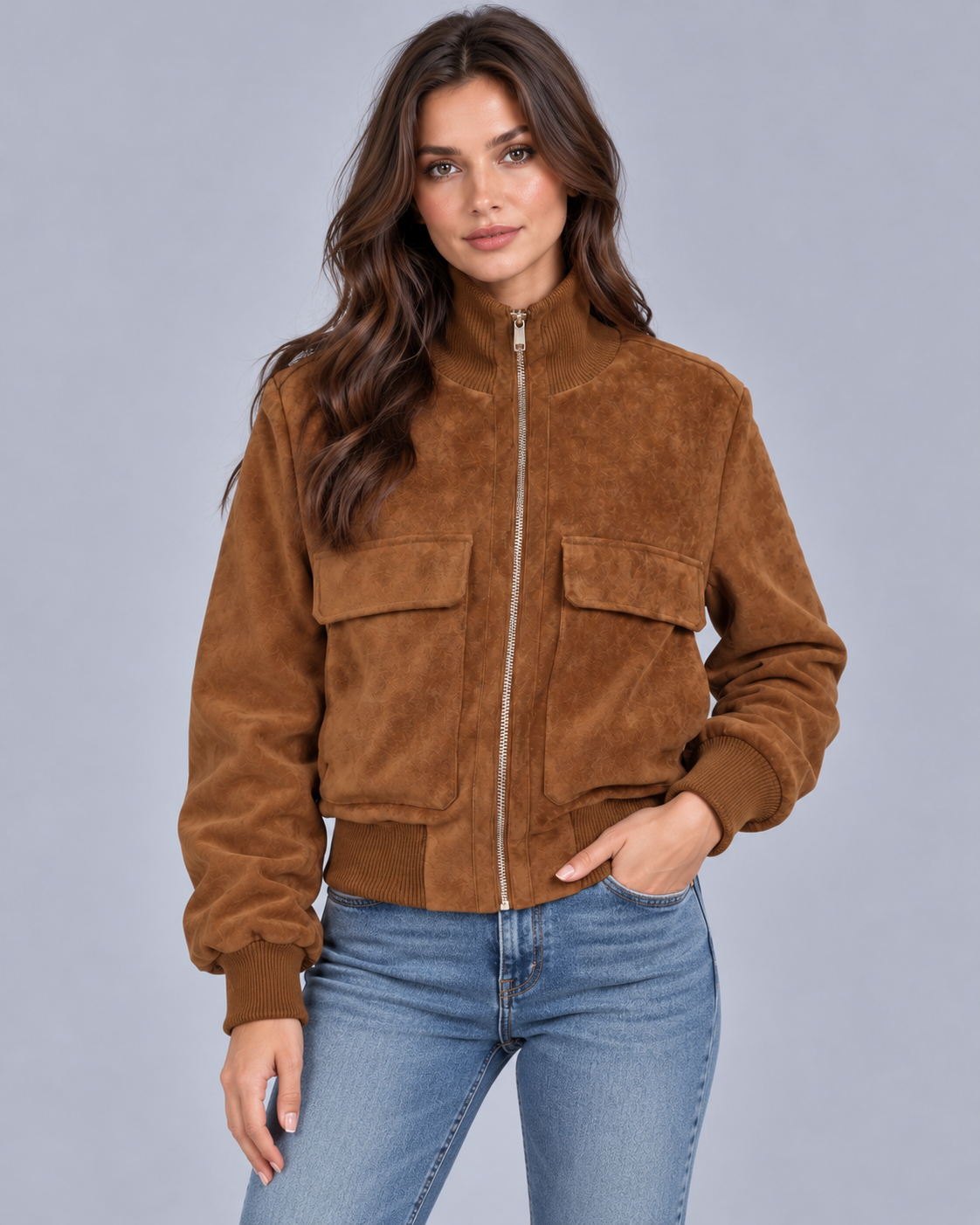 Women's Suede Bomber Jacket with Flap Pockets