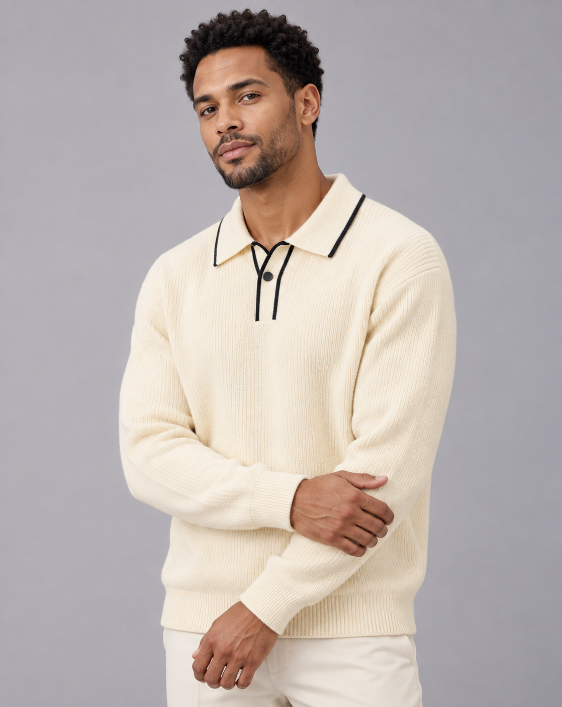 Men's Long Sleeve Knitted Polo Jumper in Linen Blend – Contrast-Tipped Collar