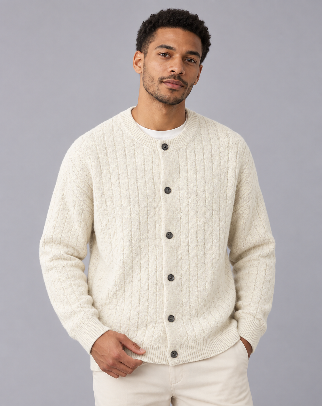 Men's Cable Knit Cardigan – Crew Neck, Six-Button Front, Ribbed Cuffs, Relaxed Fit
