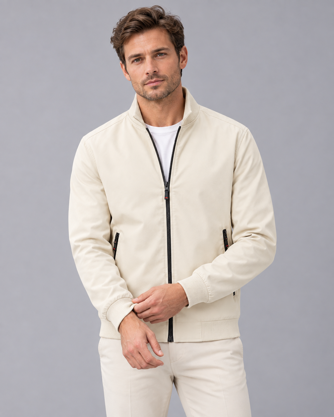 Men's Bomber Jacket – Stand Collar, Full Zip, Two Vertical Zip Pockets, Ribbed Cuffs & Hem, Relaxed Fit