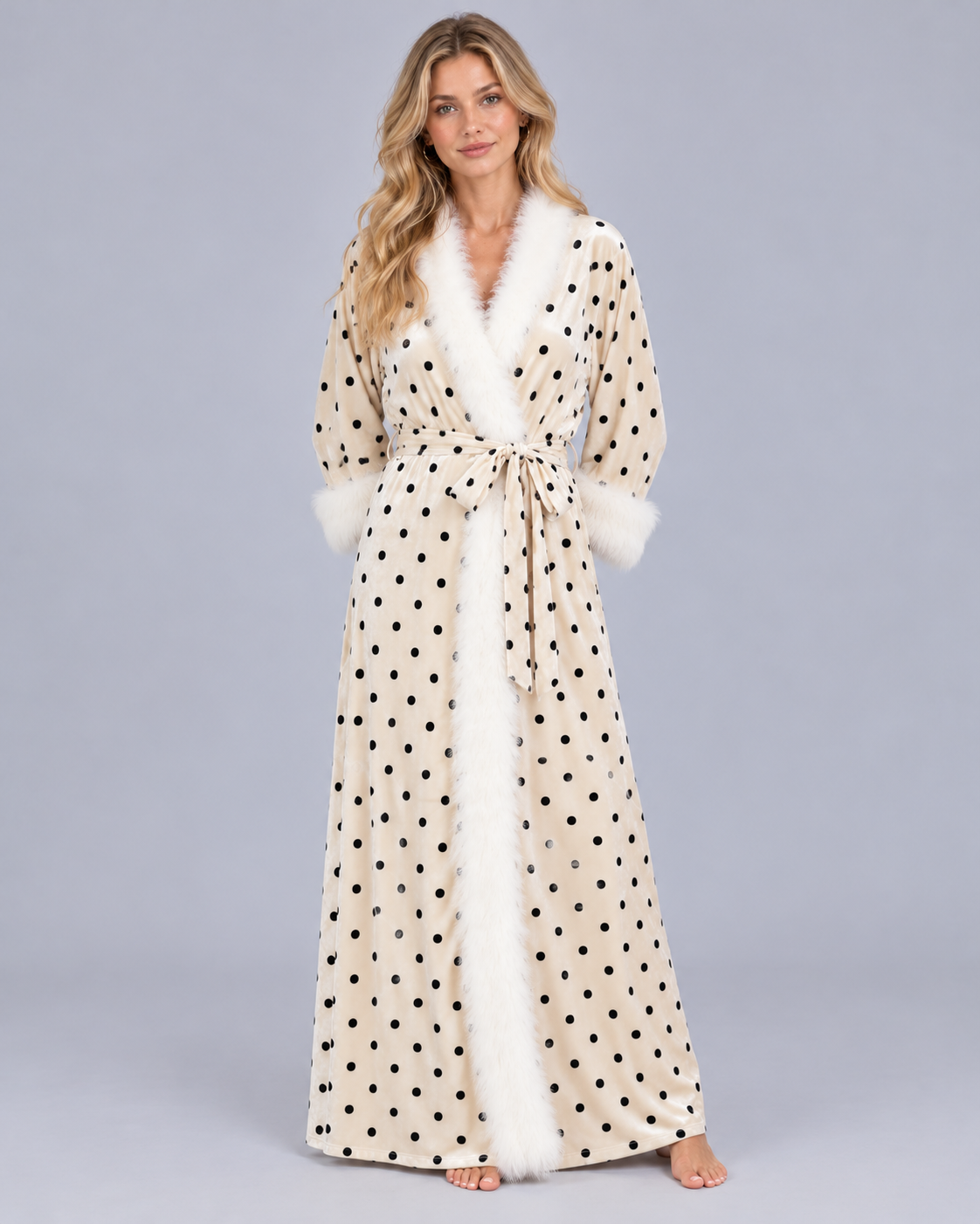 Women's Velvet Dressing Gown with Feather-Style Trim