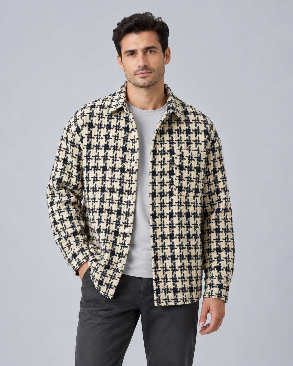 Men's Check Overshirt – Black and White Button-Up Shirt Jacket with Chest Pocket, Relaxed Fit