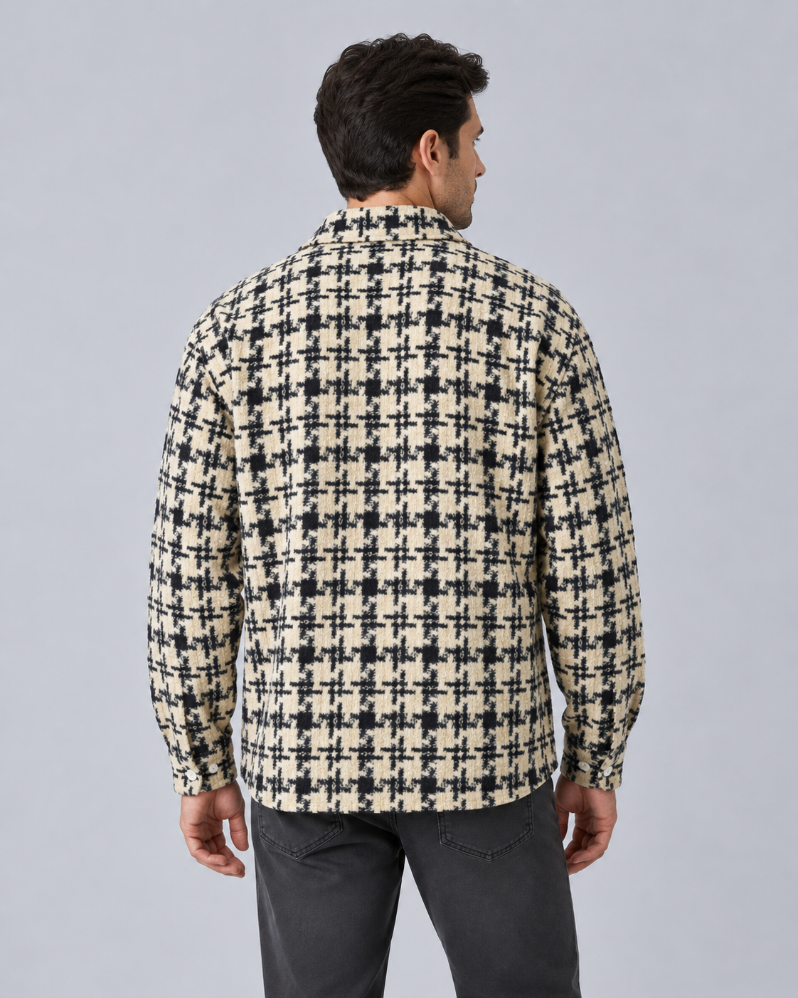 Men's Check Overshirt – Black and White Button-Up Shirt Jacket with Chest Pocket, Relaxed Fit