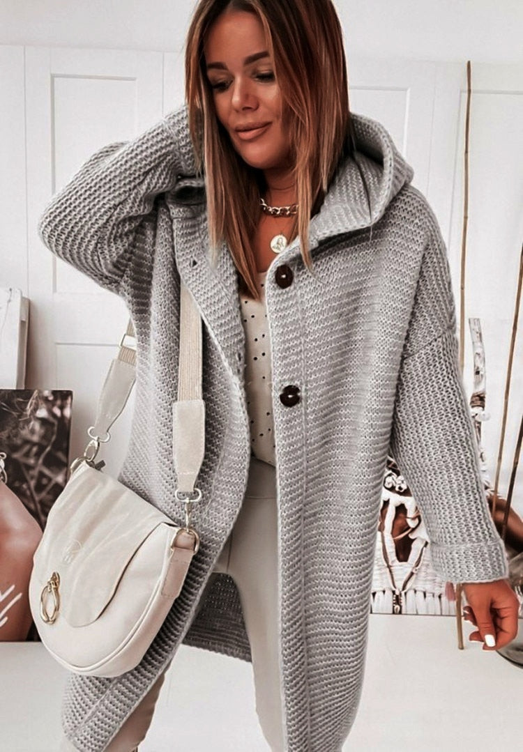 Women Hooded Long Button Knit Cardigan