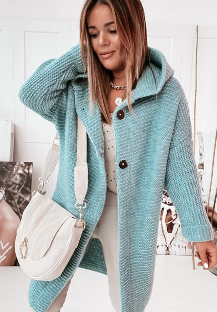 Women Hooded Long Button Knit Cardigan