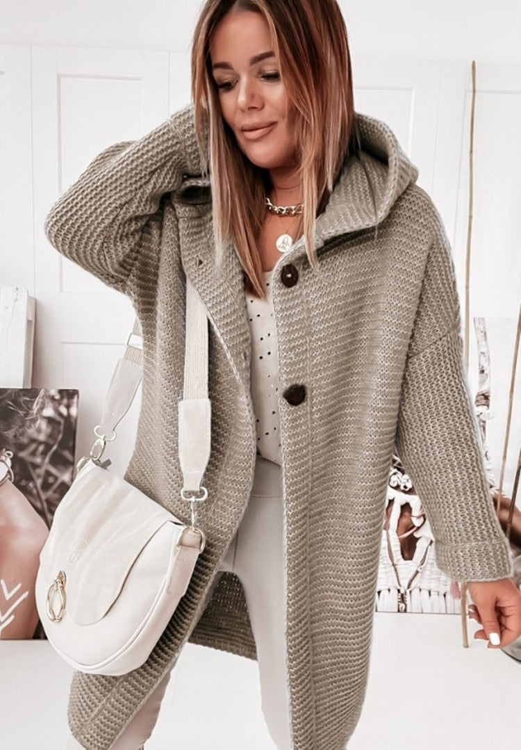 Women Hooded Long Button Knit Cardigan