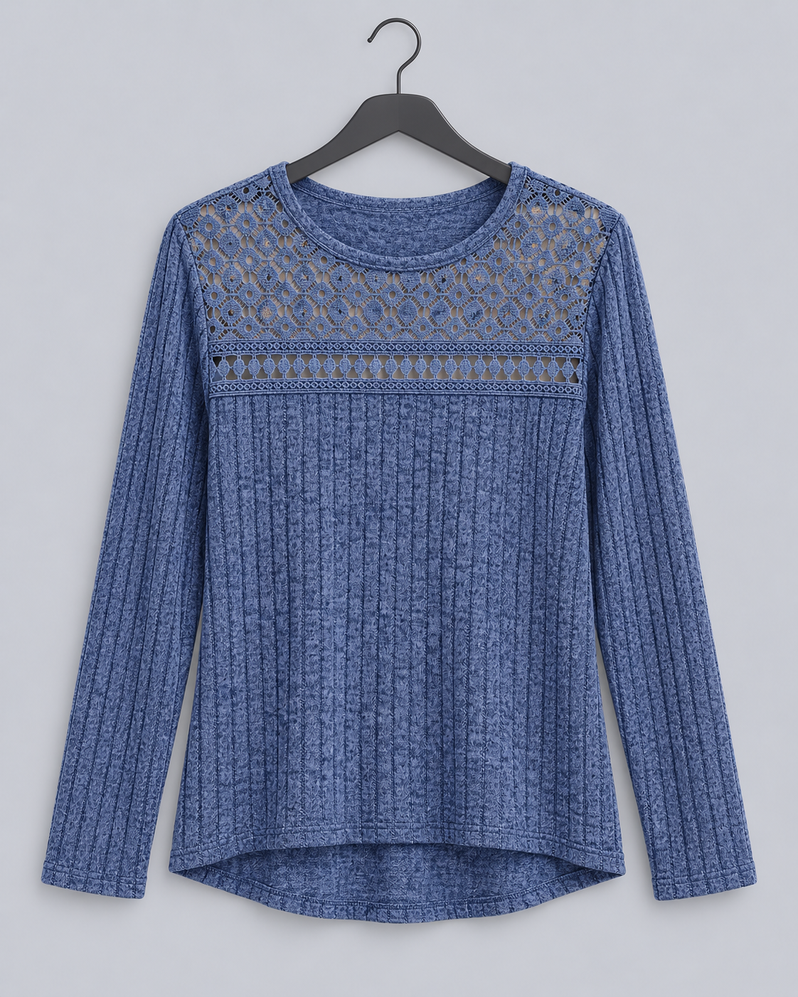Women's Fitted Lace Ribbed Top | Crew Neck Long Sleeve Blouse
