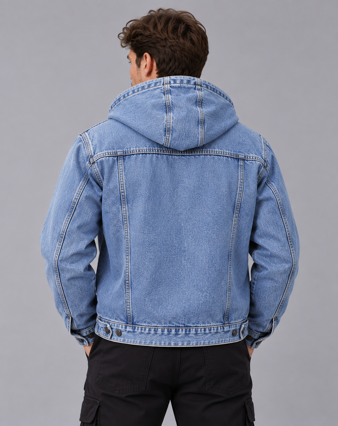 Men's Hooded Denim Jacket – Button Front, Drawstring Hood, Flap Chest Pockets