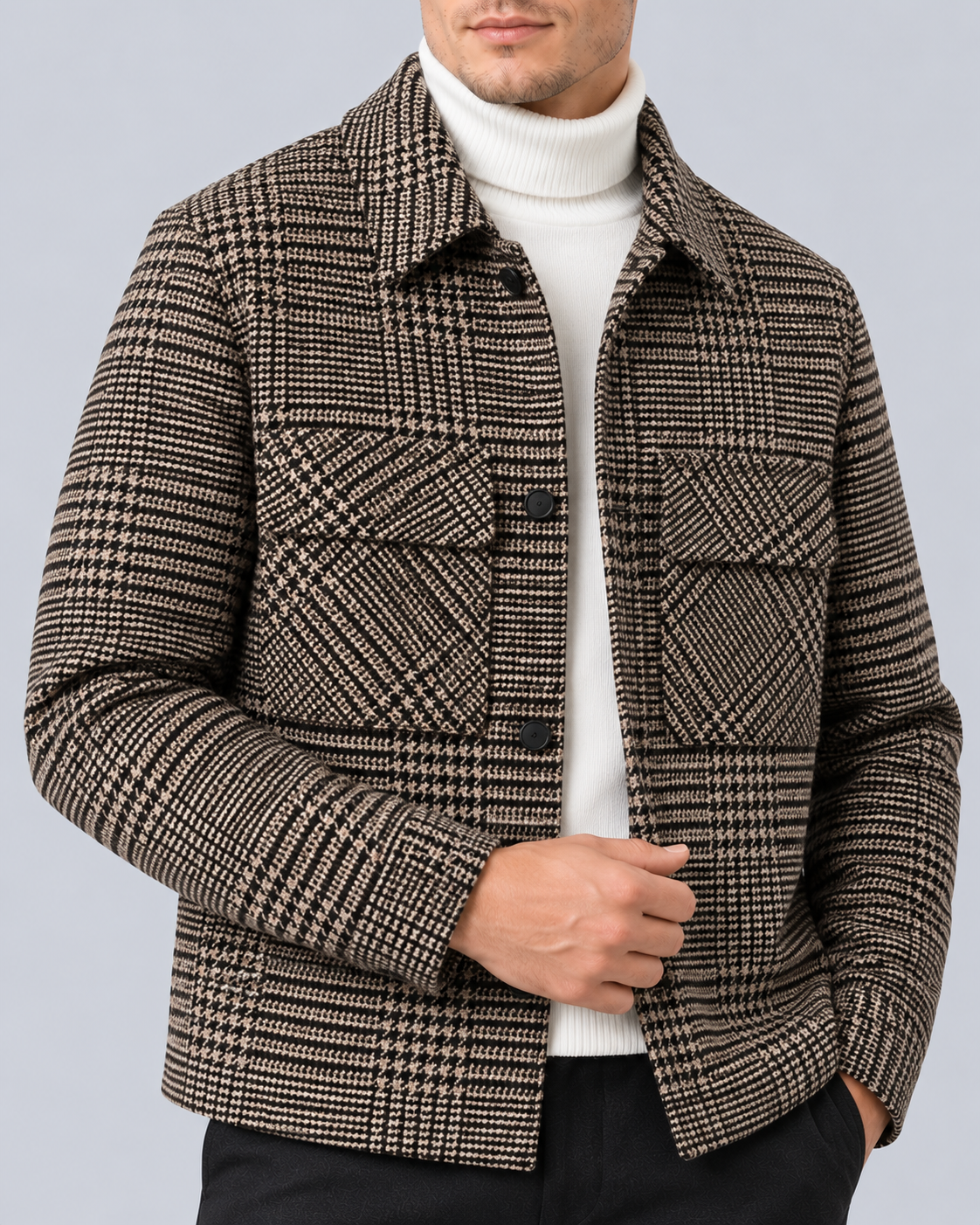 Men's Check Overshirt Jacket in Wool-Blend – Houndstooth Check, Flap Chest Pockets, Button Front