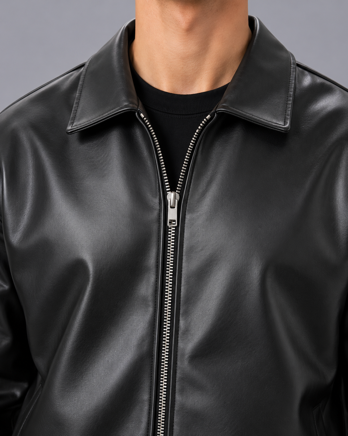 Men's Oversized Faux Leather Bomber Jacket | Front-Zip Closure