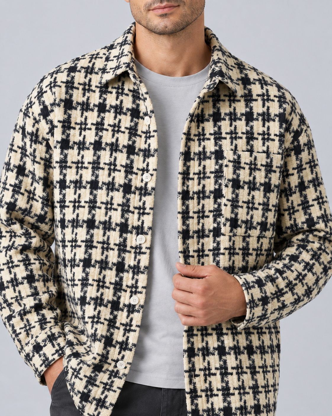 Men's Check Overshirt – Black and White Button-Up Shirt Jacket with Chest Pocket, Relaxed Fit