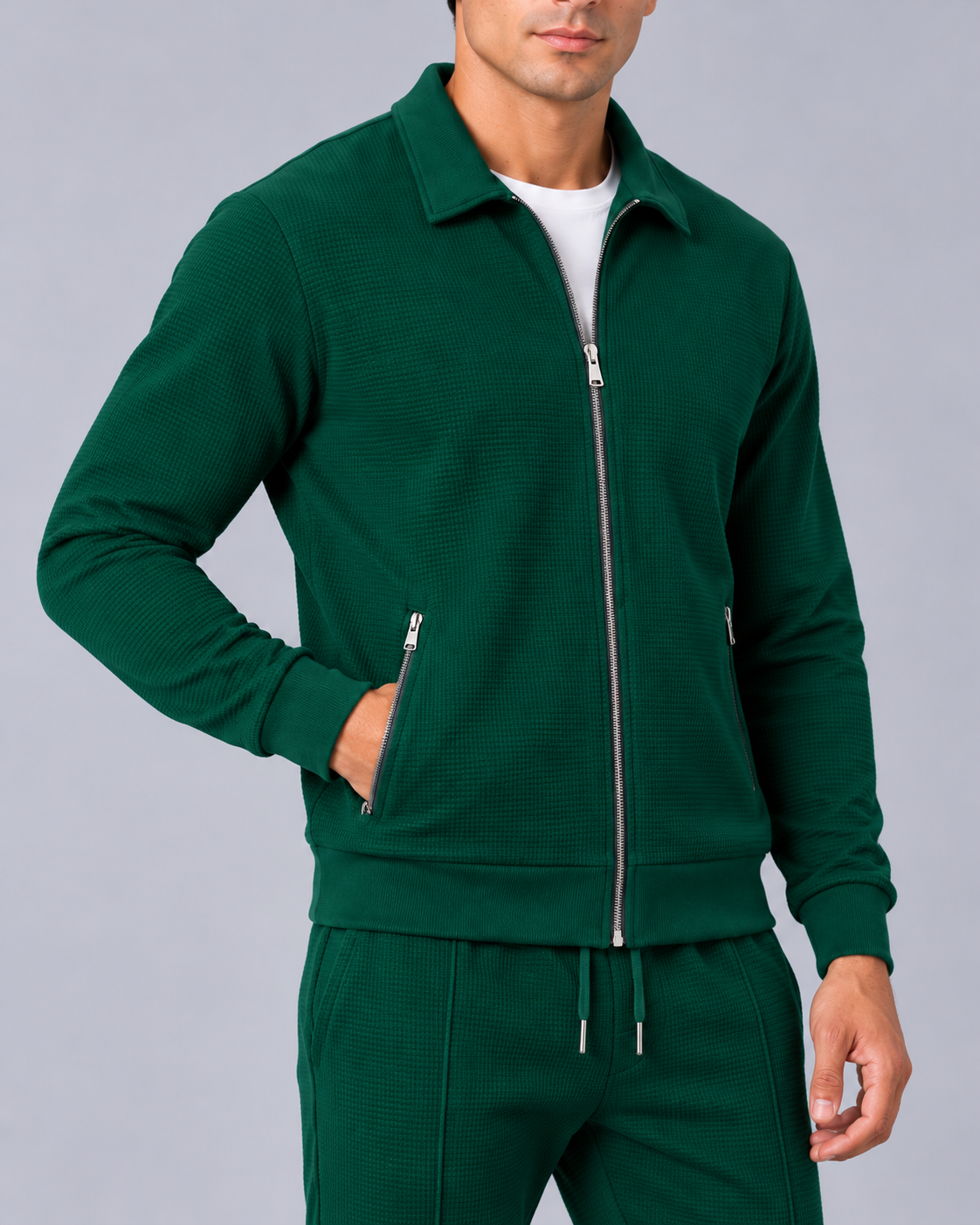 Men's Waffle Tracksuit Set - Zip Jacket & Pants