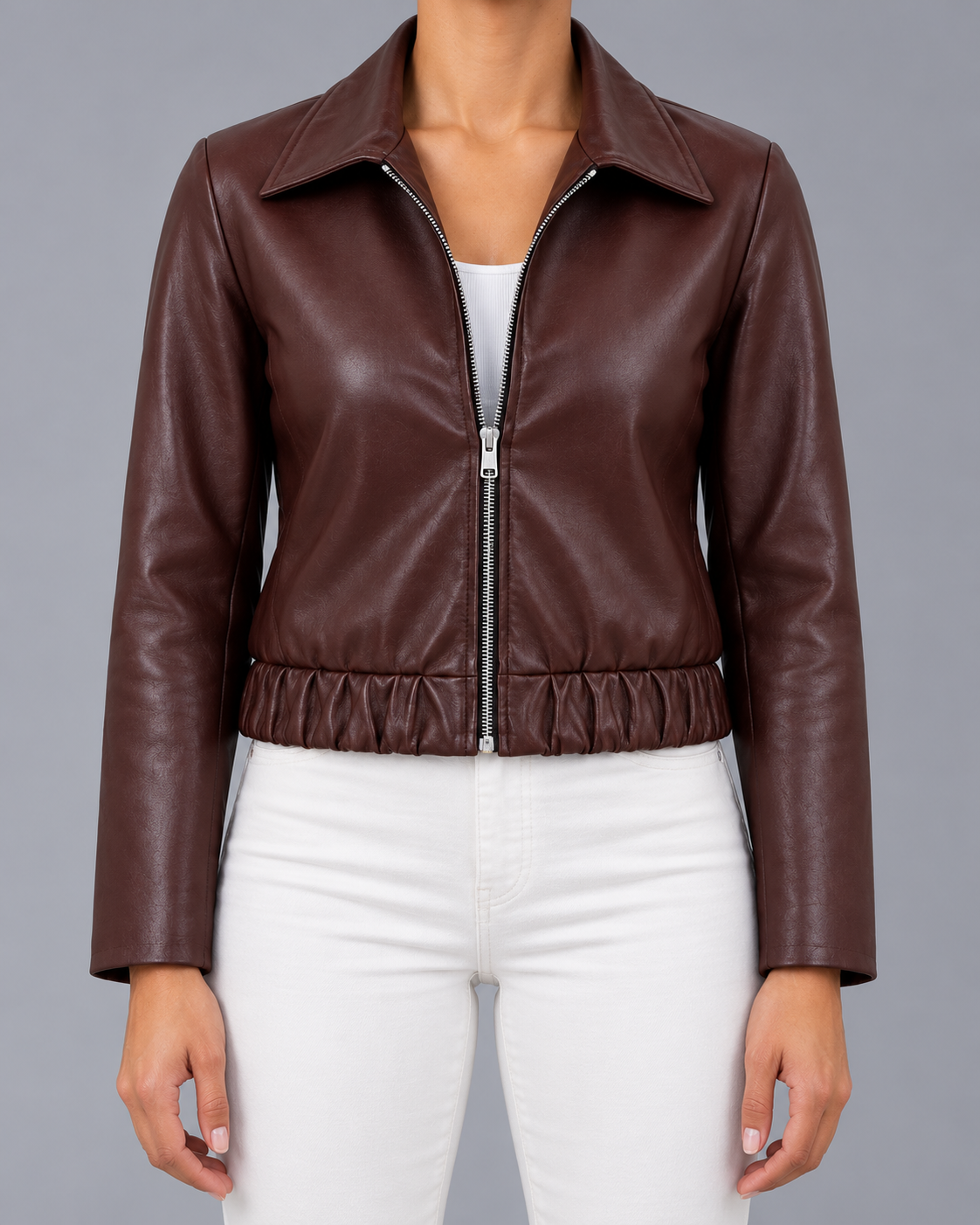 Women's Faux Leather Biker Jacket – Wine, Zip Front