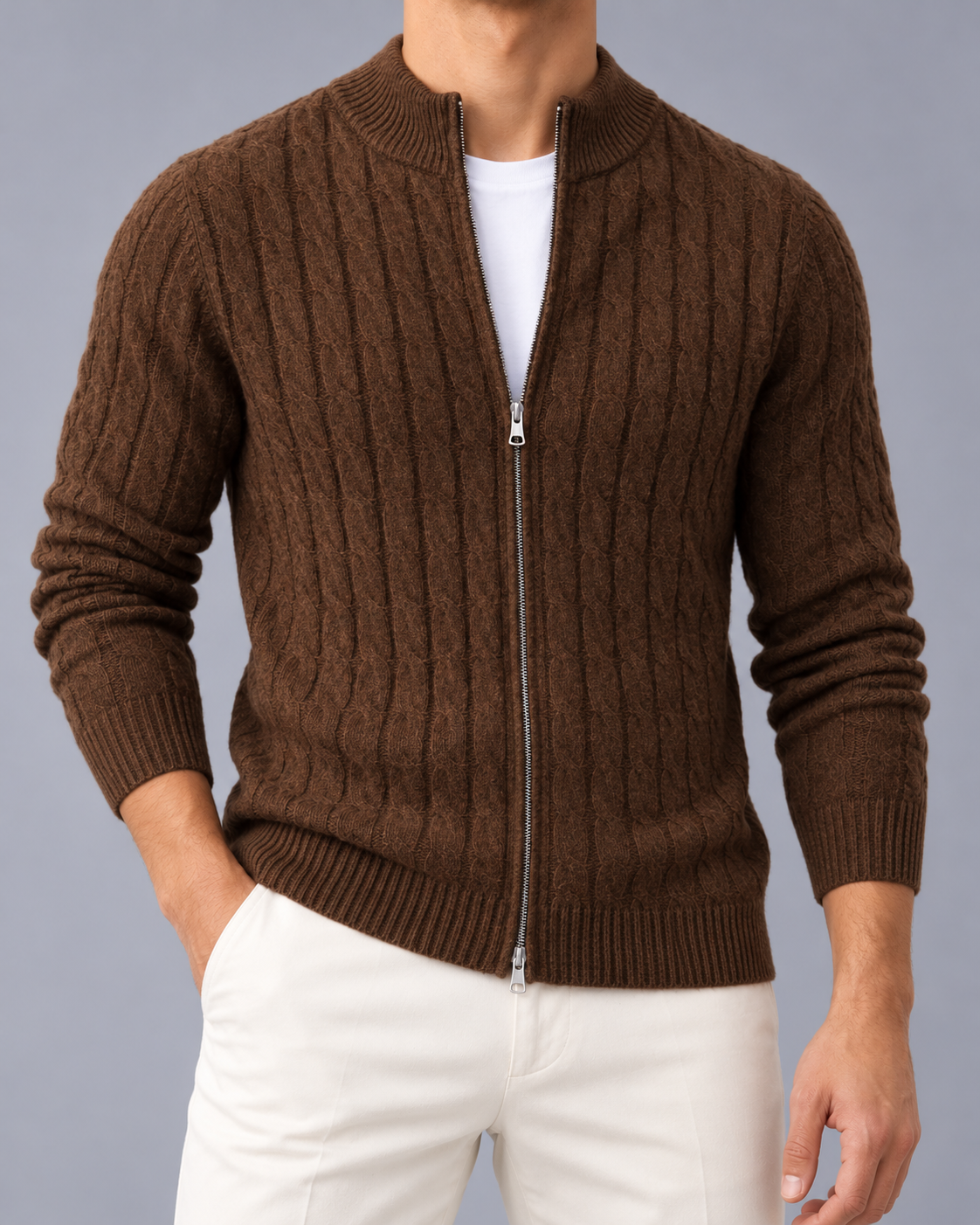 Men's Cable Knit Zip Cardigan – Stand Collar
