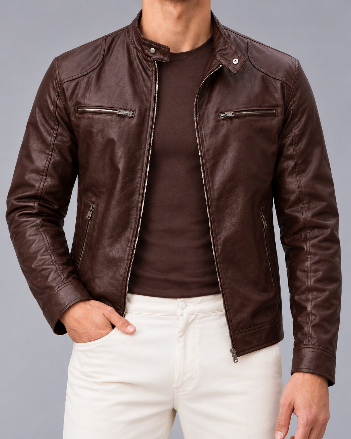 Men's Faux Leather Racer Jacket – Stand Collar, Fitted