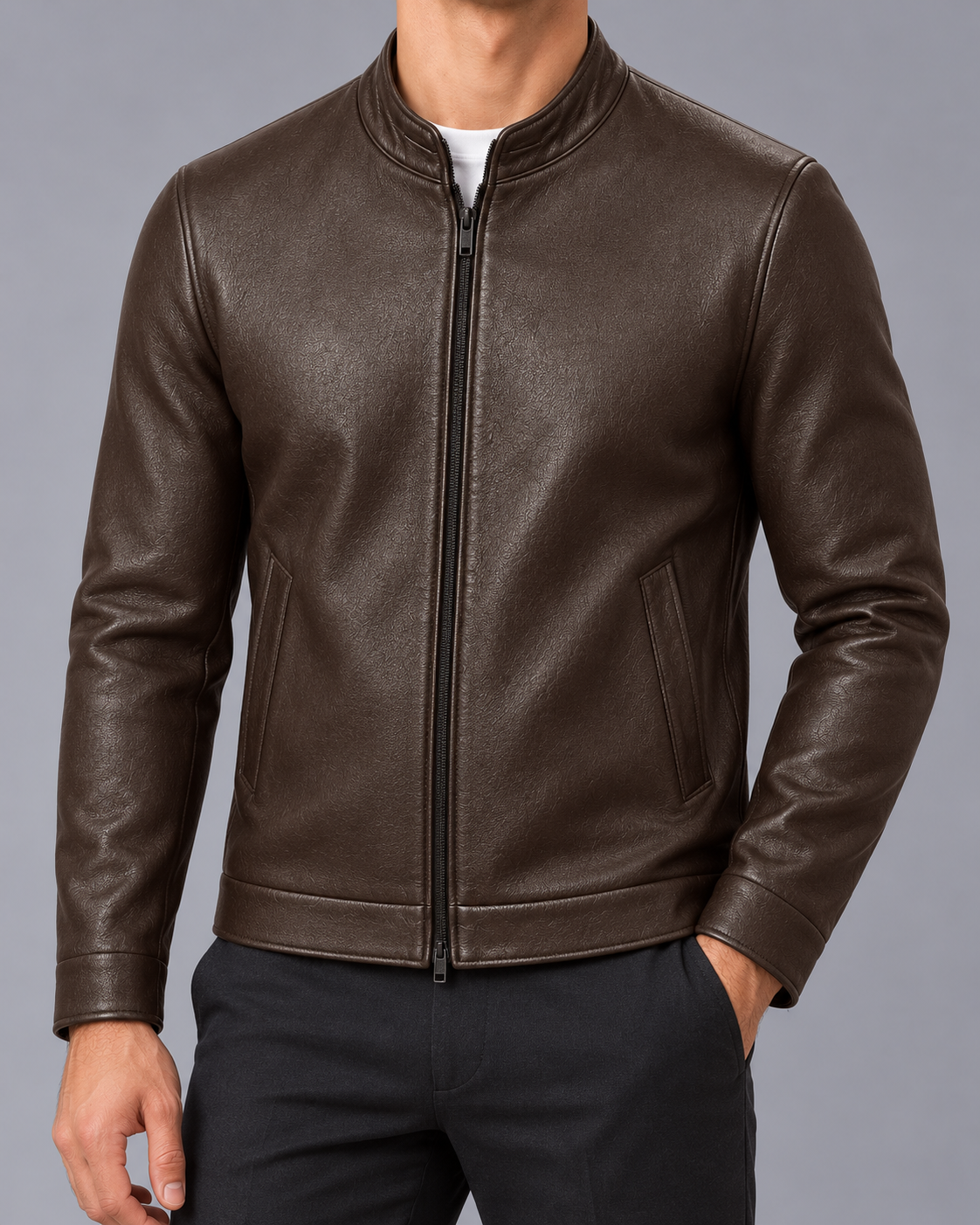 Men's Faux Leather Jacket – Stand Collar, Zip Front