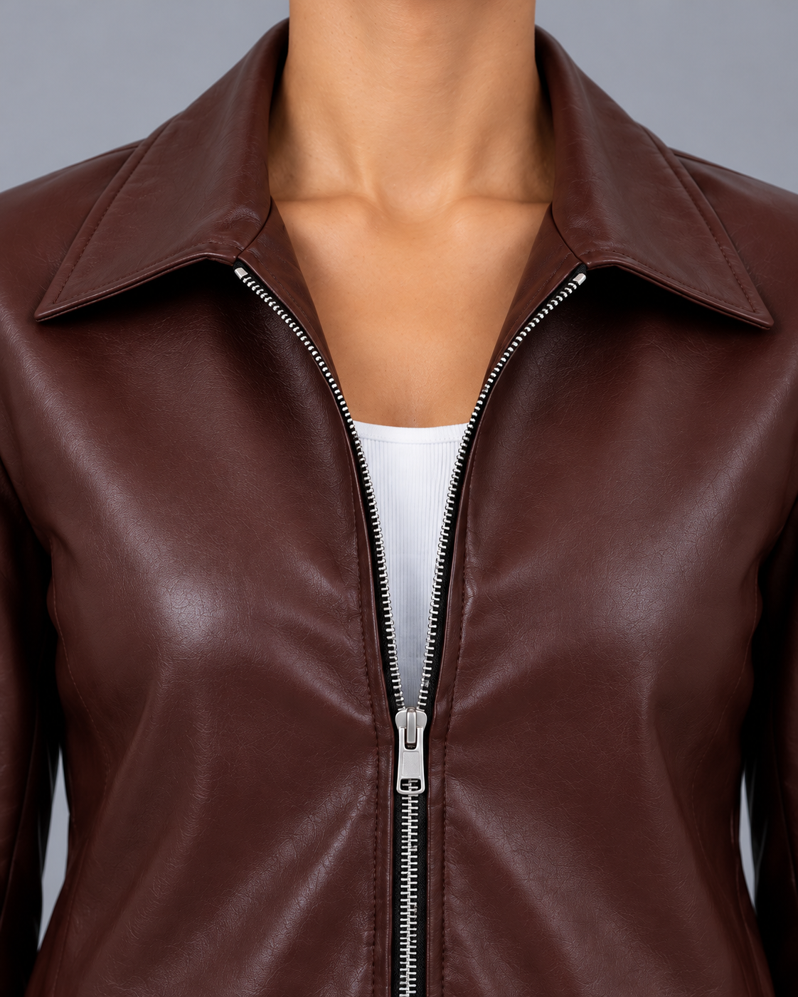 Women's Faux Leather Biker Jacket – Wine, Zip Front