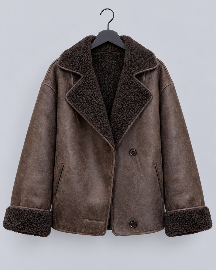 Women's Oversized Faux Shearling Jacket | Vintage Leather-Look Coat