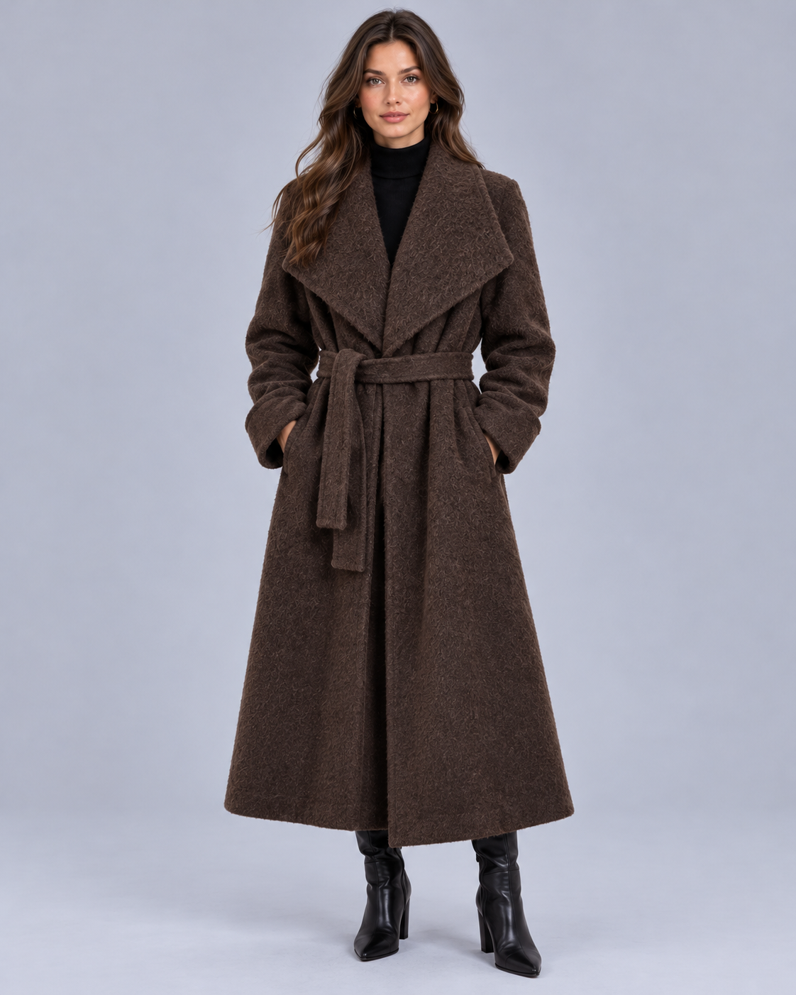 Women's Wool Blend Belted Wrap Coat – Oversized Shawl Lapels, Relaxed Extra-Long Fit