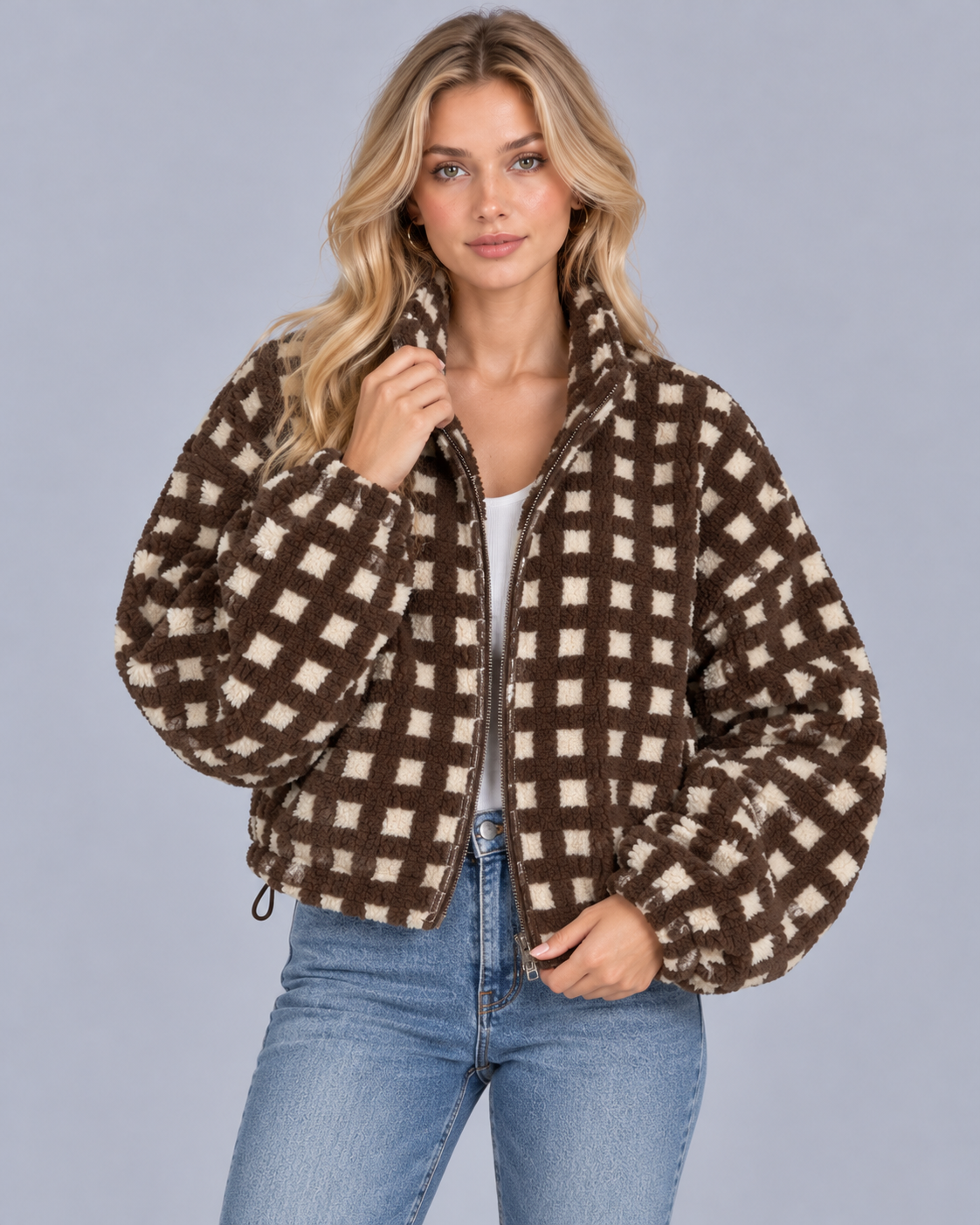 Women's Sherpa Fleece Jacket with Check Pattern