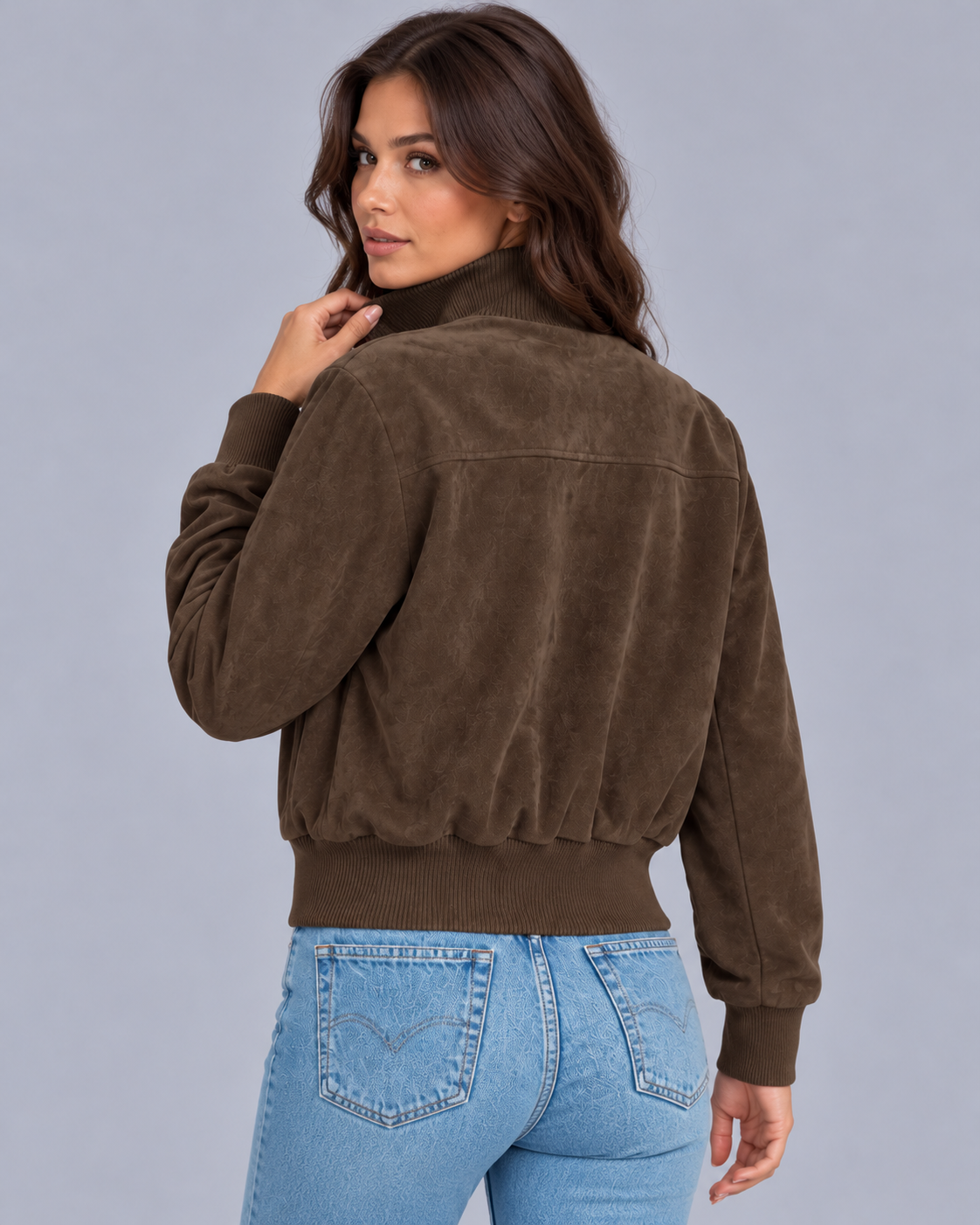 Women's Suede Bomber Jacket with Flap Pockets