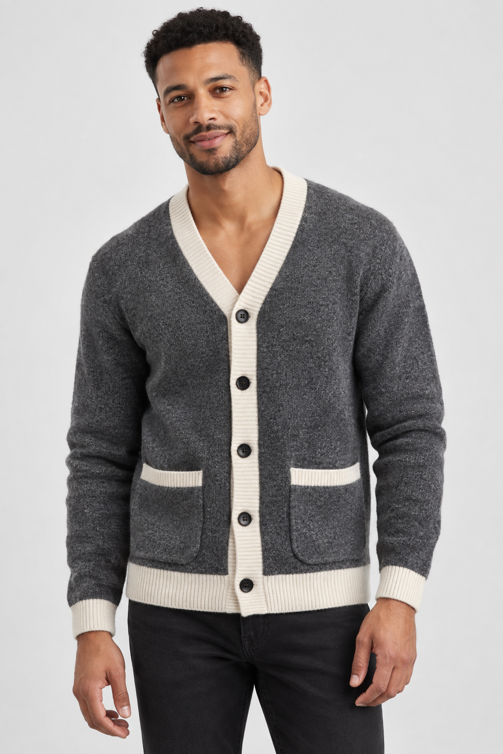 Men's Button Cardigan with Pockets – Heavyweight Knit, Contrast Ribbed Trim, Crew Neck