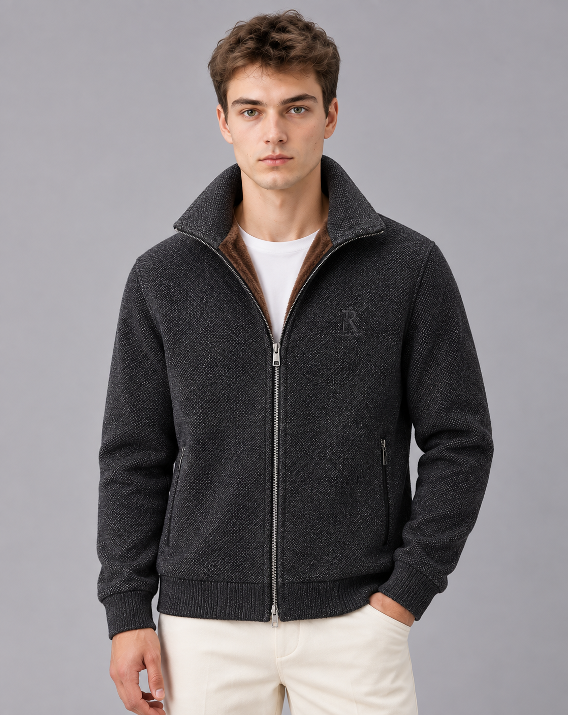 Men's Fleece Lined Jacket with Collar – Full Zip, Textured Finish, Zip Pockets, Ribbed Cuffs