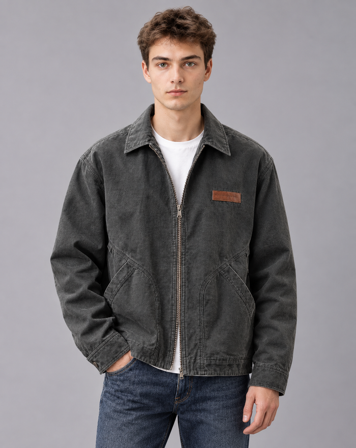 Men's Workwear Jacket in Cotton Blend – Zip Front, Point Collar, Angled Pockets, Relaxed Fit