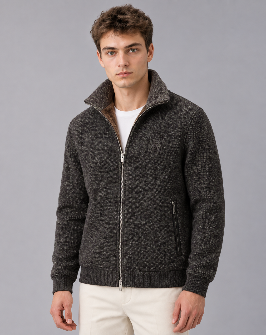 Men's Fleece Lined Jacket with Collar – Full Zip, Textured Finish, Zip Pockets, Ribbed Cuffs