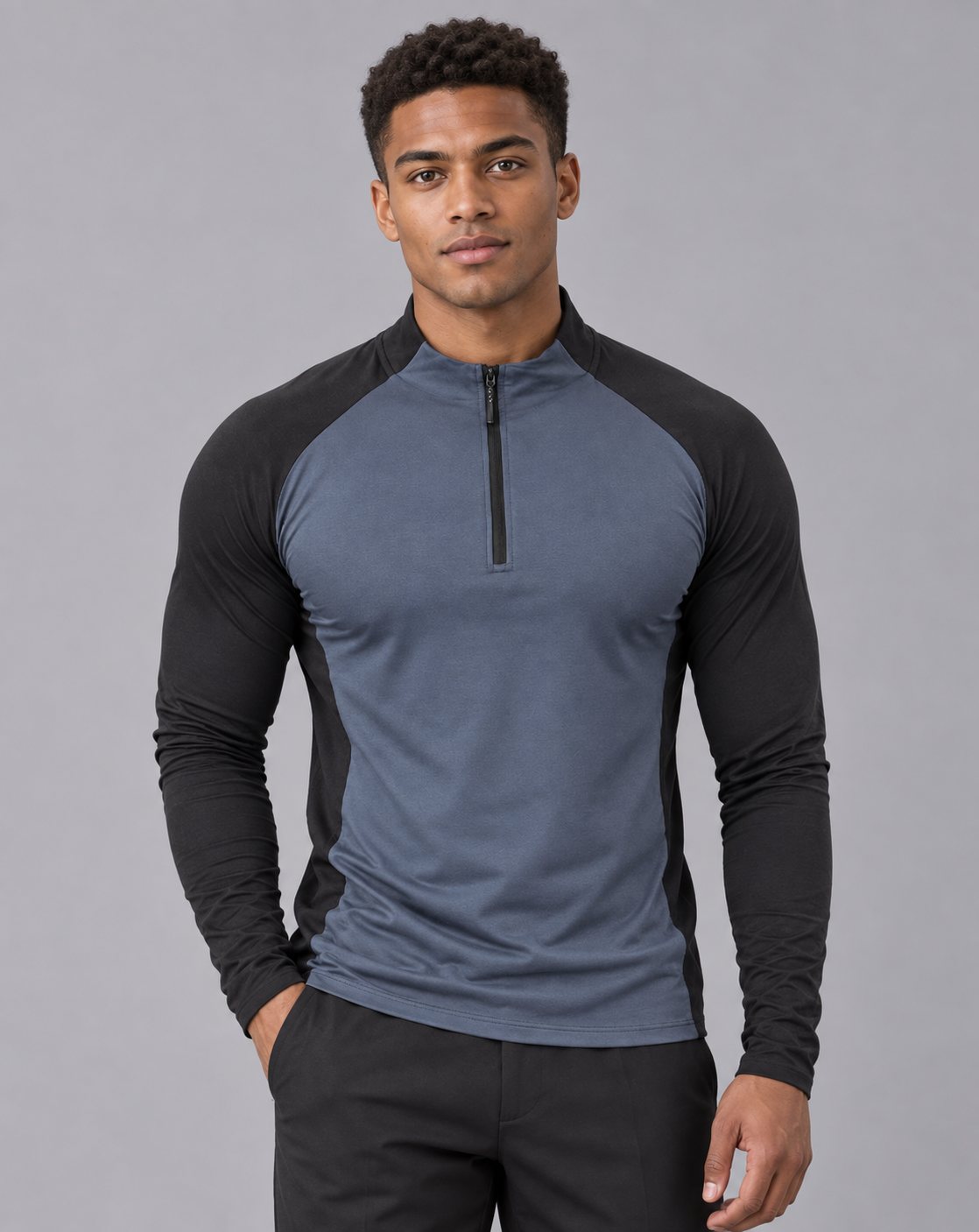 Men's Quarter Zip Top – Long Sleeve, Contrast Raglan Sleeves, Zip Stand Collar, Athletic Fit