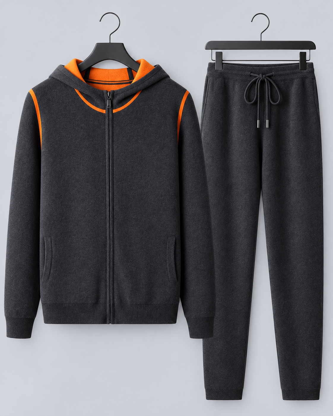 Men's 100% Cashmere Knitted Tracksuit with Hooded Zip Jacket and Contrast Trim