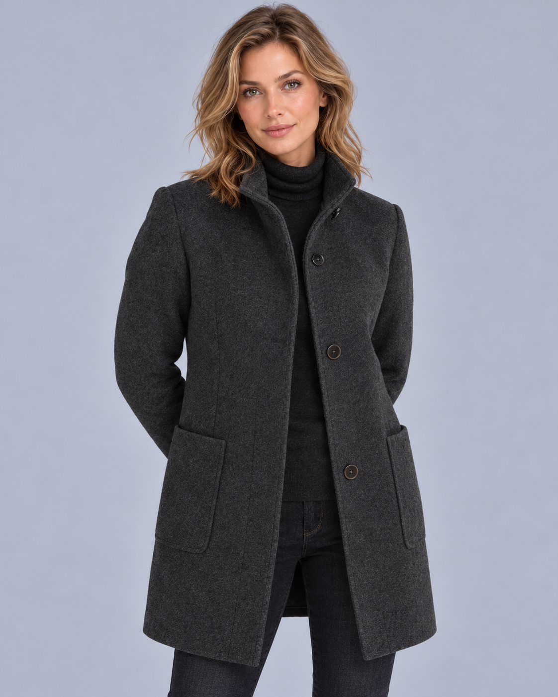 Women's Wool Midi Coat with Stand Collar