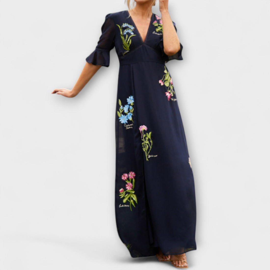 Elegant Navy Blue Dress With Floral