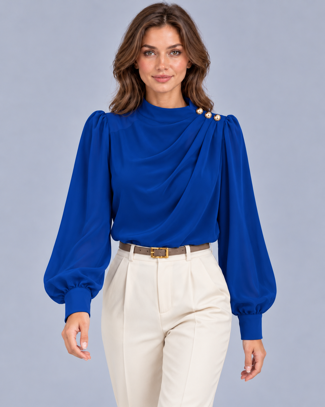 Women's Mock Neck Blouse with Gold Buttons