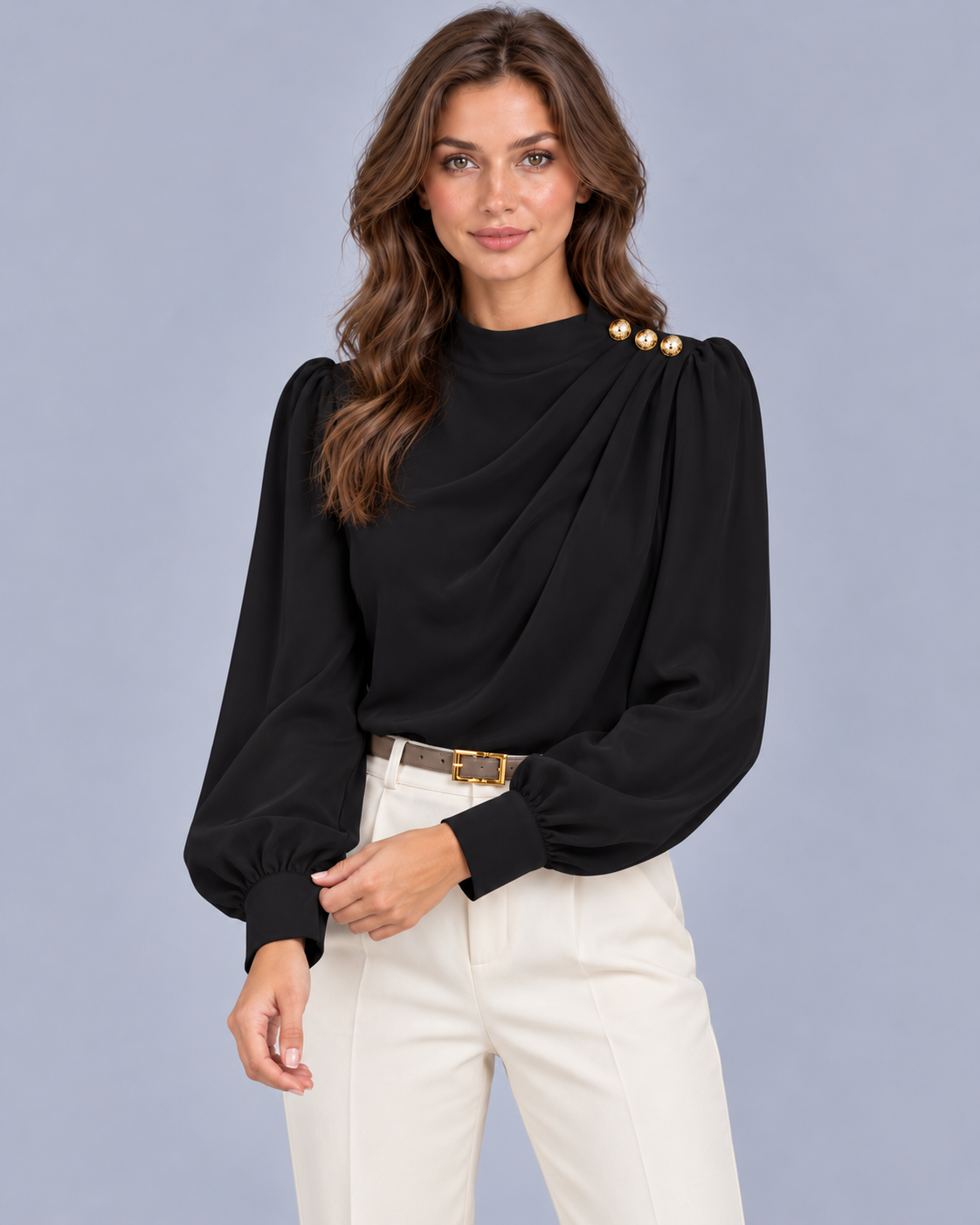 Women's Mock Neck Blouse with Gold Buttons