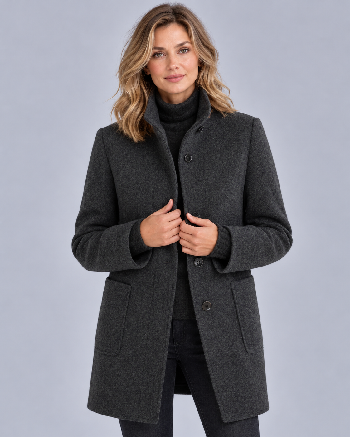 Women's Wool Midi Coat with Stand Collar
