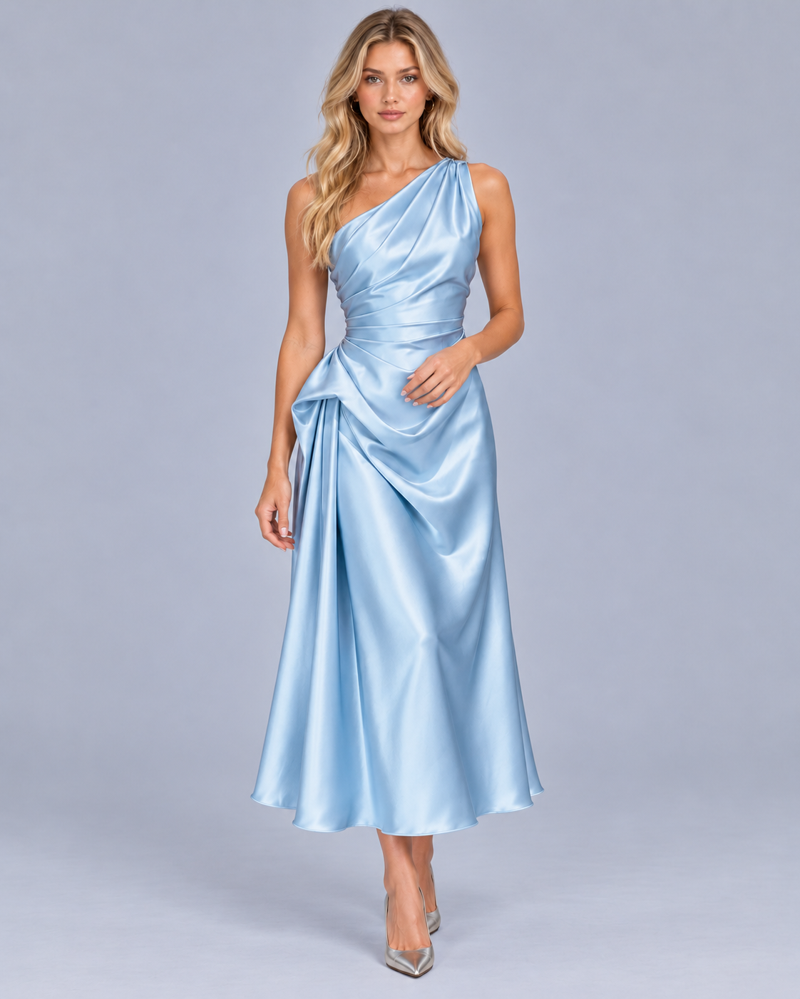 Women's One Shoulder Draped Midi Dress