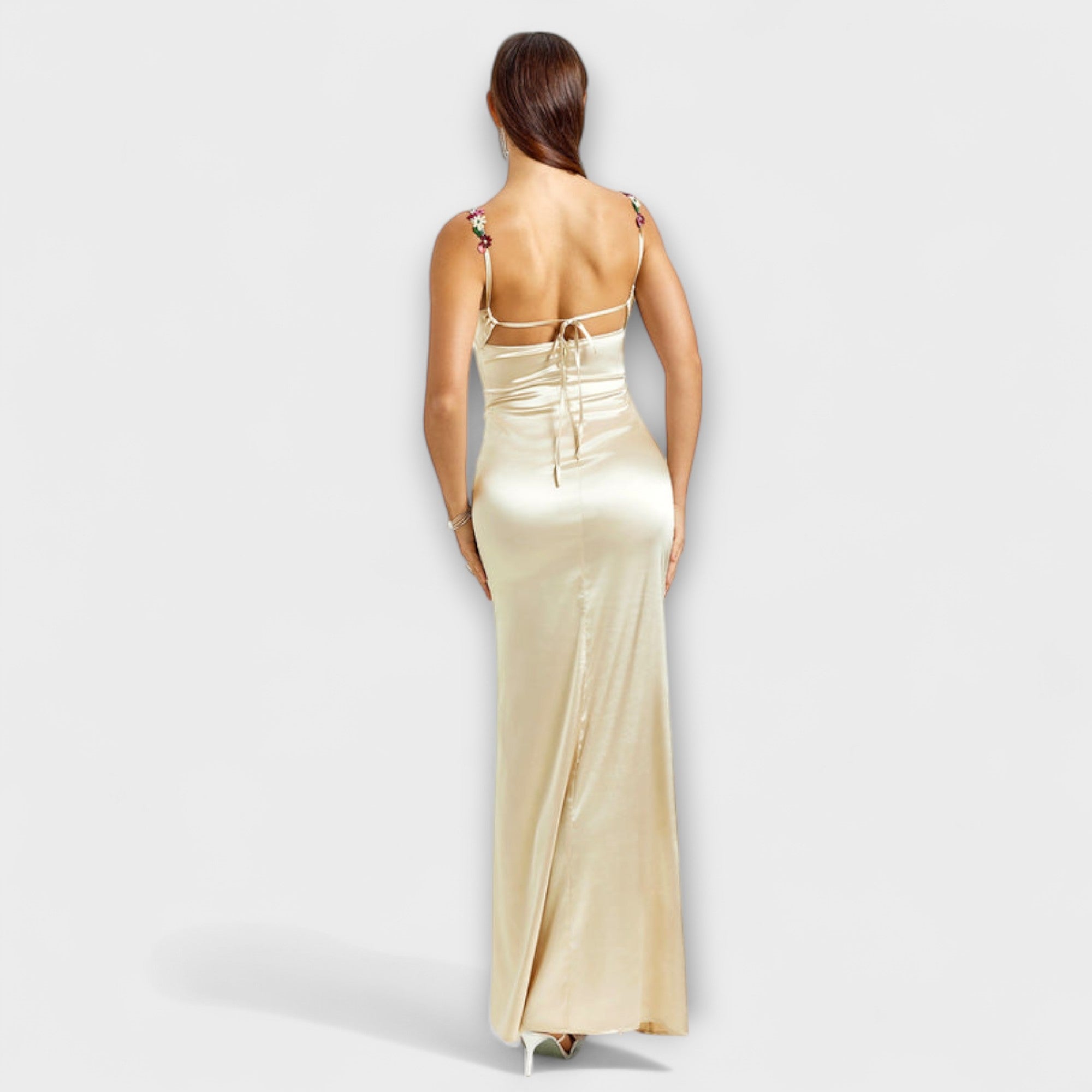 Embellished Satin Dress With Back Lacing