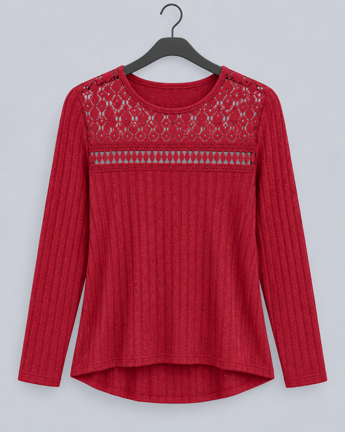 Women's Fitted Lace Ribbed Top | Crew Neck Long Sleeve Blouse