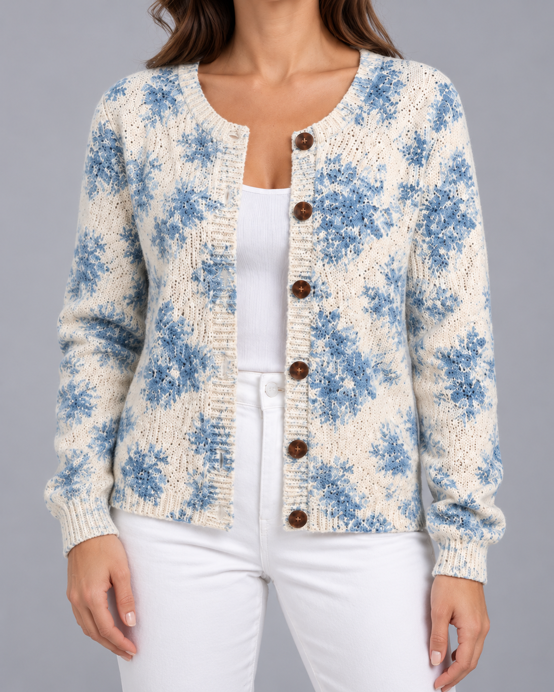 Women's Floral Knit Cardigan – Button Front, Relaxed Fit