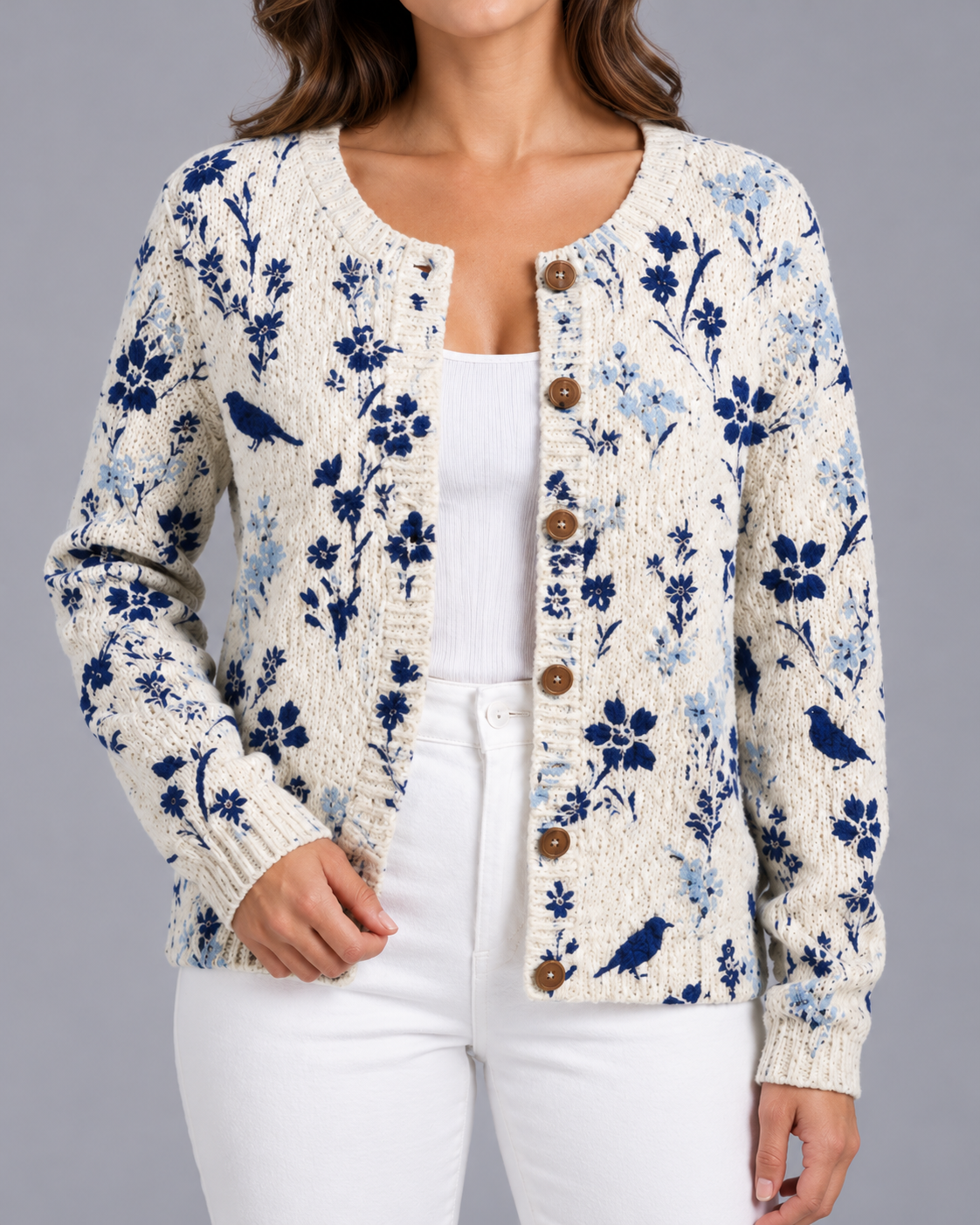 Women's Floral Knit Cardigan – Button Front, Relaxed Fit