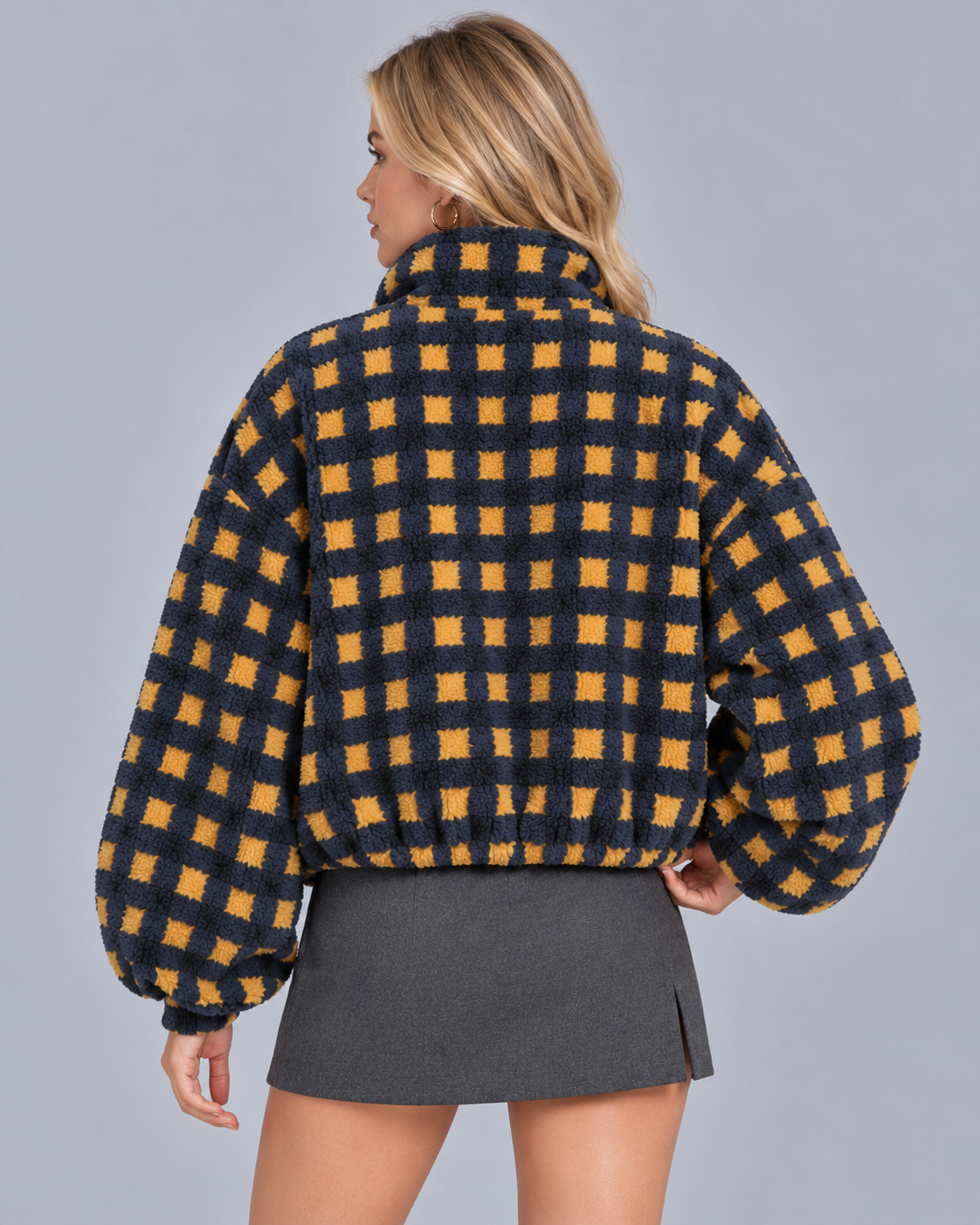 Women's Sherpa Fleece Jacket with Check Pattern