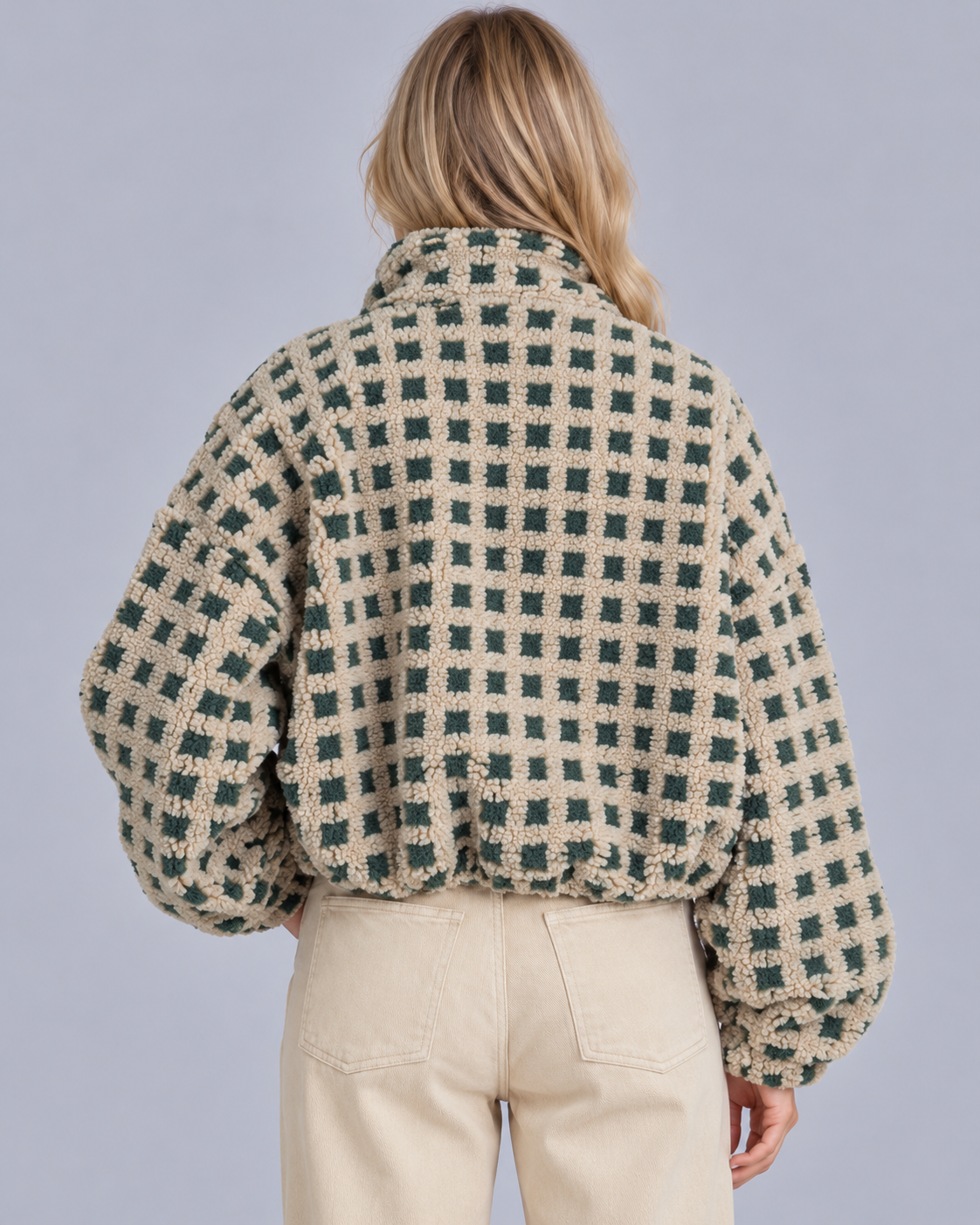 Women's Sherpa Fleece Jacket with Check Pattern