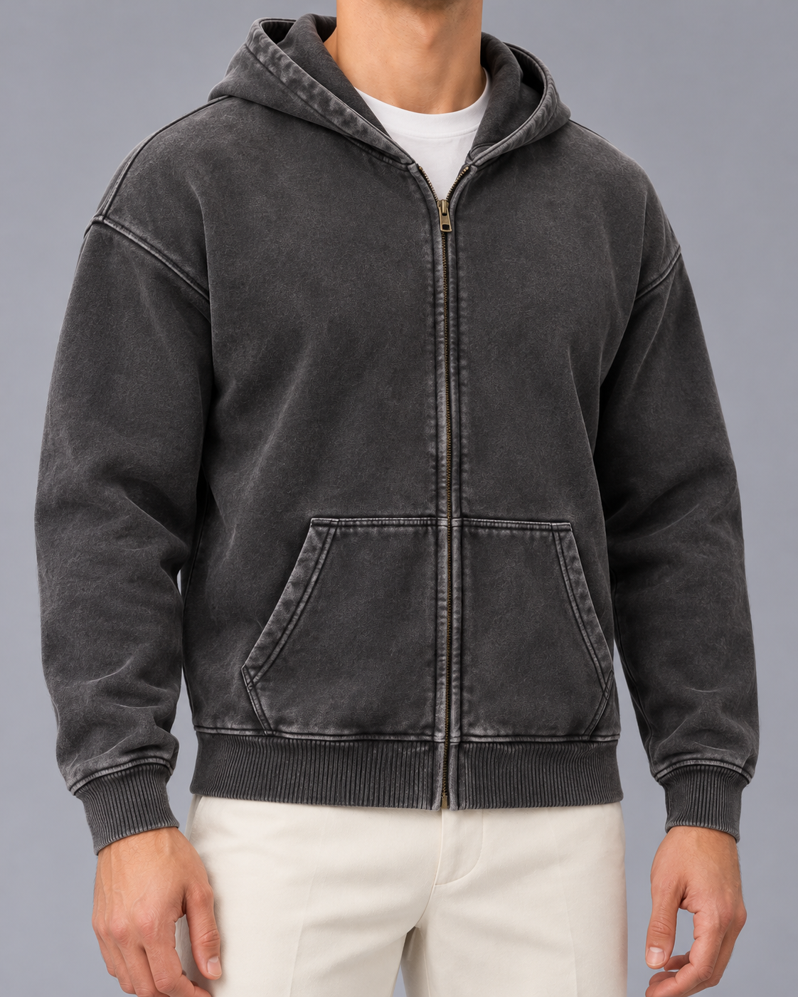 Men's Oversized Zip-Up Hoodie | Washed Fleece Full-Zip Sweatshirt