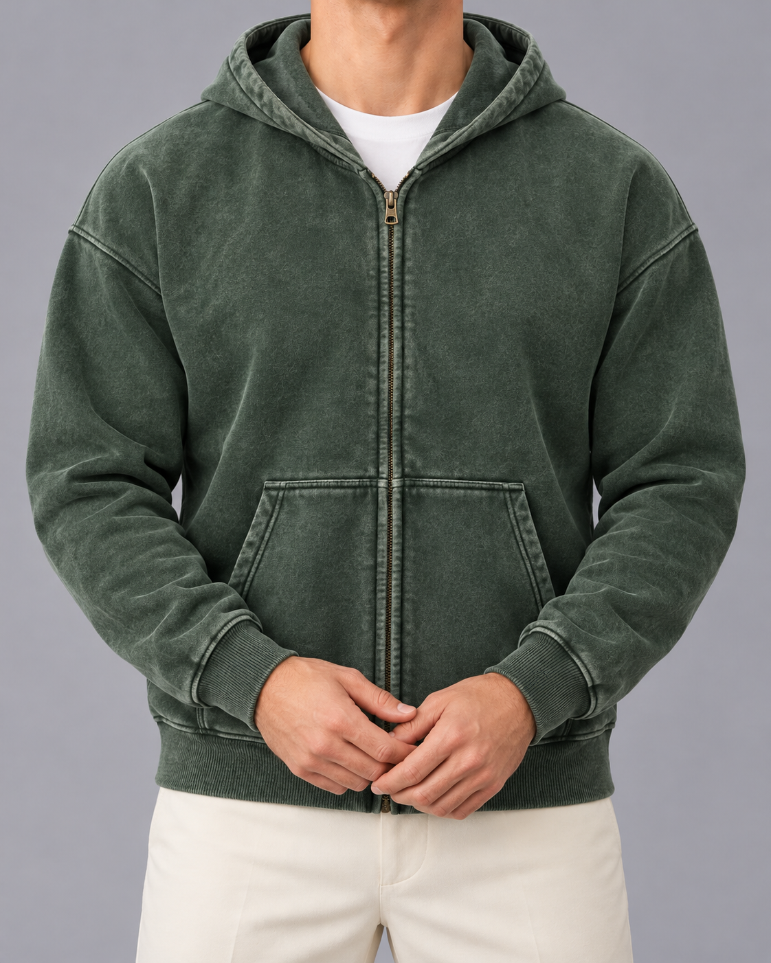Men's Oversized Zip-Up Hoodie | Washed Fleece Full-Zip Sweatshirt
