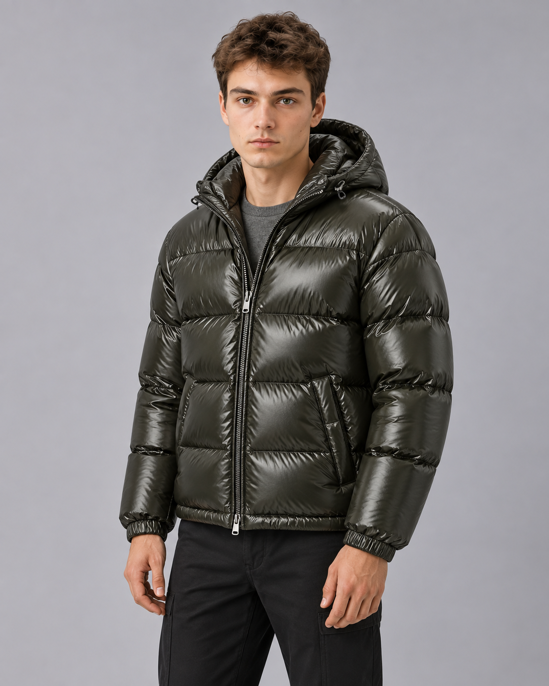 Men's Hooded Puffer Jacket – Shiny Quilted Winter Jacket with Full Zip, Relaxed Fit