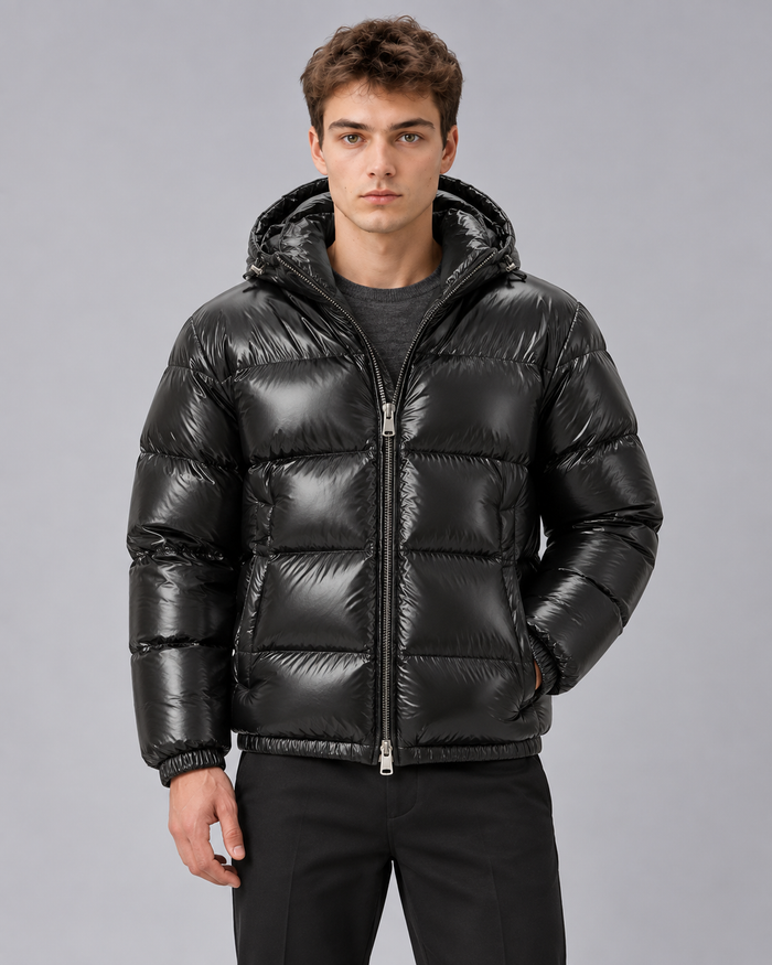 Men's Hooded Puffer Jacket – Shiny Quilted Winter Jacket with Full Zip, Relaxed Fit