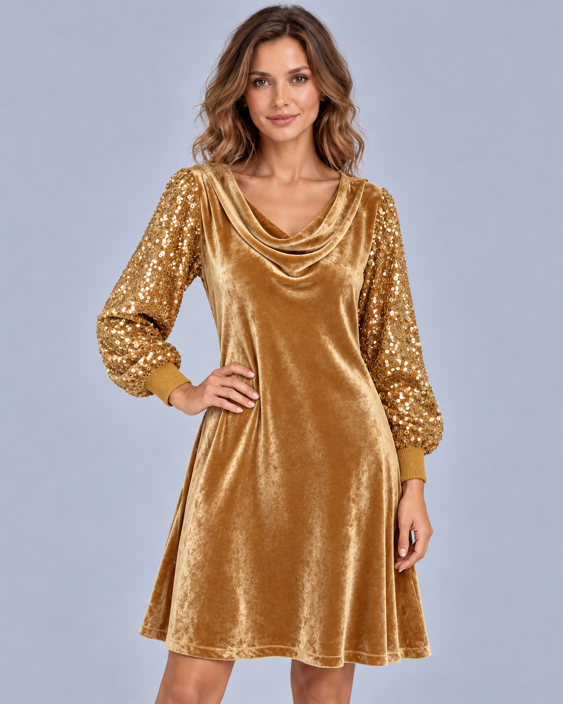Women's Velvet Dress with Sequin Sleeves